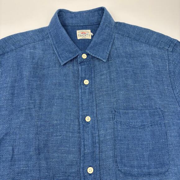 Faherty Mens Medium Navy Blue 100% Linen Short Sleeve Button Up Shirt - Picture 1 of 5